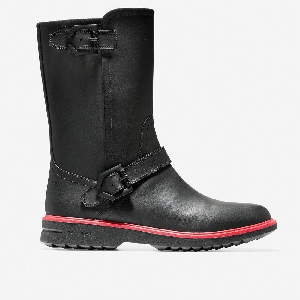 Cole Haan Black Leather Mid-Calf Boots with Pink Trim